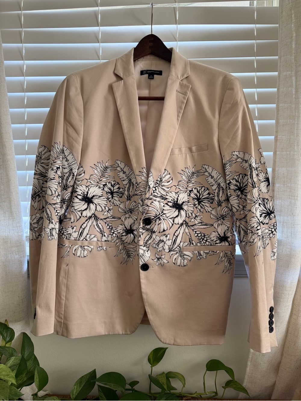 INC | Men's Tropical Floral Print Slim Fit Blazer Sport Coat Tan Stone | Size M